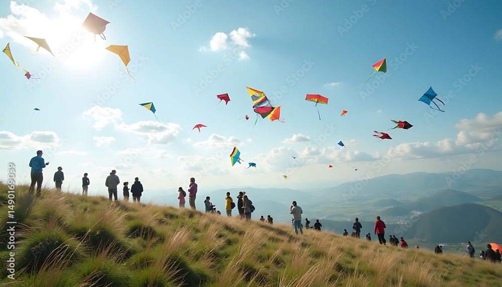 Naklejka premium Kite Festival on Hilltop: Celebration of Flight