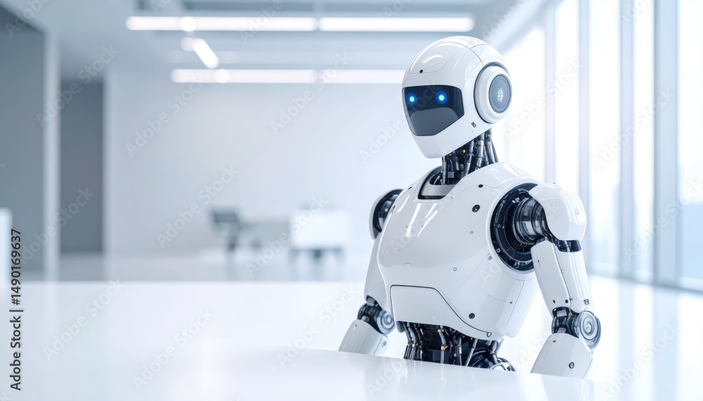Futuristic AI in an Office: A sleek, advanced robot, symbolizing artificial intelligence, stands confidently in a minimalist office environment. Futuristic AI in an Office: A sleek, advanced robot, symbolizing artificial intelligence, stands confidently in a minimalist office environment.