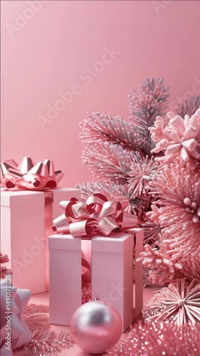 A pink background with a tree and two pink boxes with bows on top. The boxes are decorated with bows and the tree is decorated with a pink ornament