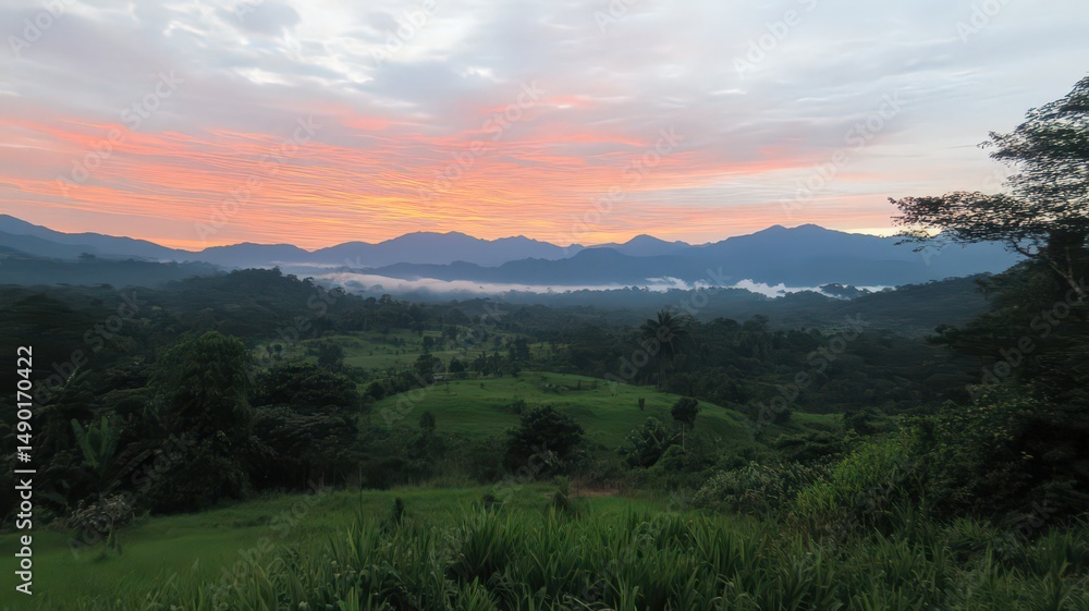 Obraz premium Warm Colored Sky Above Dark Mountains with Mist