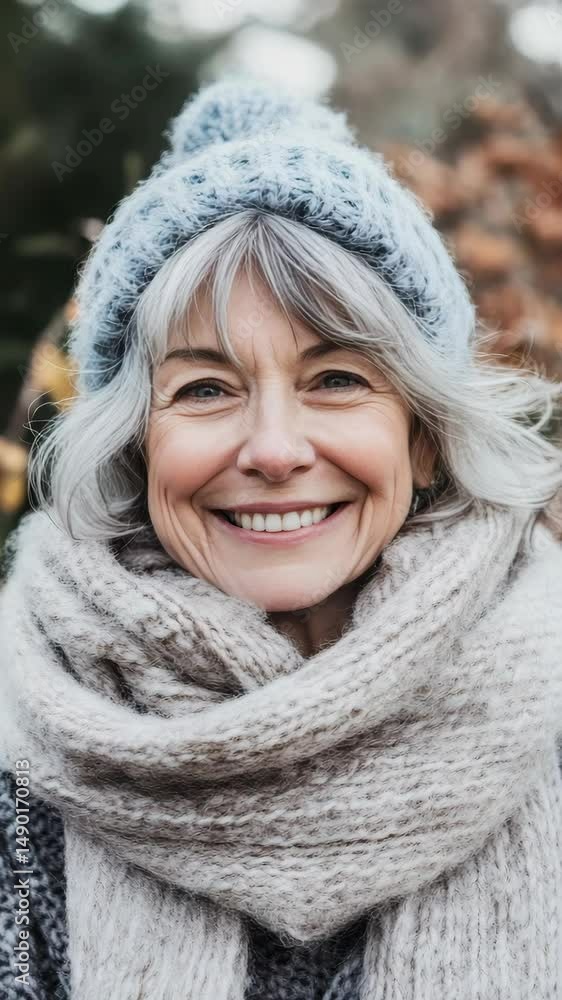 A woman with a blue hat and a white scarf is smiling. She has a white scarf wrapped around her neck and a blue hat on her head A woman with a blue hat and a white scarf is smiling. She has a white scarf wrapped around her neck and a blue hat on her head