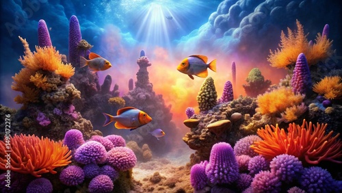 Wallpaper Mural Vibrant underwater scene showcasing a flourishing coral reef ecosystem with diverse colorful fish and coral formations, bathed in a radiant light beam penetrating the ocean depths. Torontodigital.ca