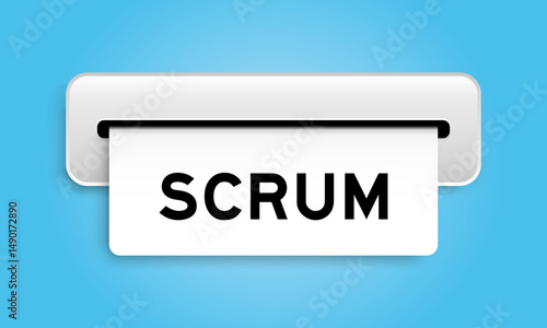 White coupon banner with word scrum from machine on blue color background