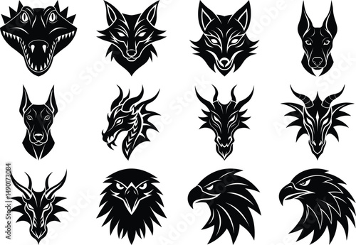 Animal Face Silhouettes Vector Set Lion, Tiger, Eagle, Wolf & More | Bundle for Tattoo T-shirt Design
