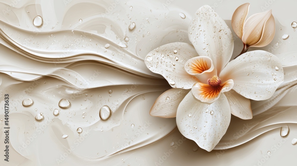 Elegant orchid flower with droplets of water on a light gray backdrop Elegant orchid flower with droplets of water on a light gray backdrop
