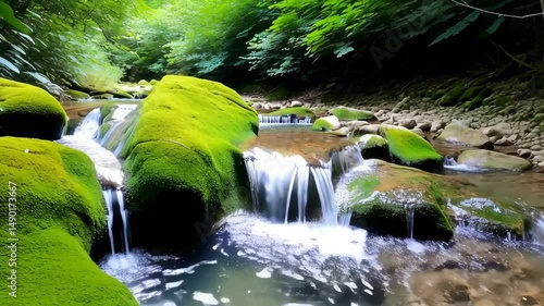 Scenic motion video of a small natural waterfall flowing over green mossy rocks in a peaceful forest environment, showcasing pristine water and lush green vegetation.
