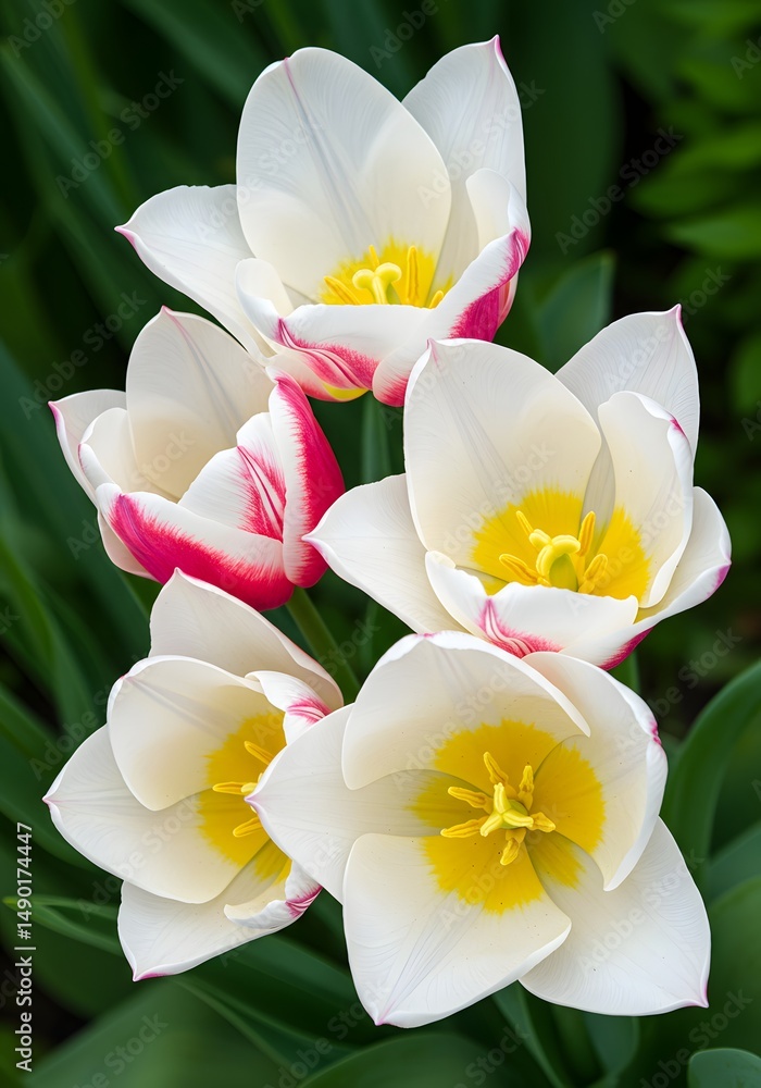 Fototapeta premium White Tulip with Pink Edge and Yellow Center