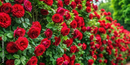 Fototapeta Naklejka Na Ścianę i Meble -  A majestic floral wall background featuring an abundance of lush greenery and vibrant red roses , rose garden, gorgeous foliage