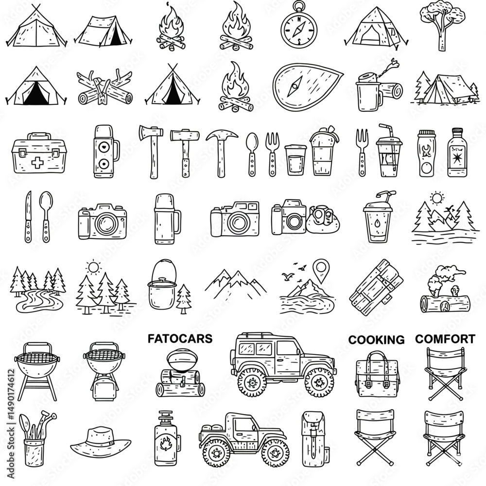 Fototapeta premium A collection of camping and outdoor adventure themed line art illustrations in a doodle style