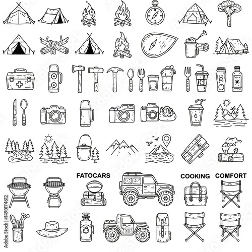 A collection of camping and outdoor adventure themed line art illustrations in a doodle style