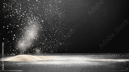 Flour being emphatically sprayed out of a container creating a dynamic cloud of dust on a blackboard surface