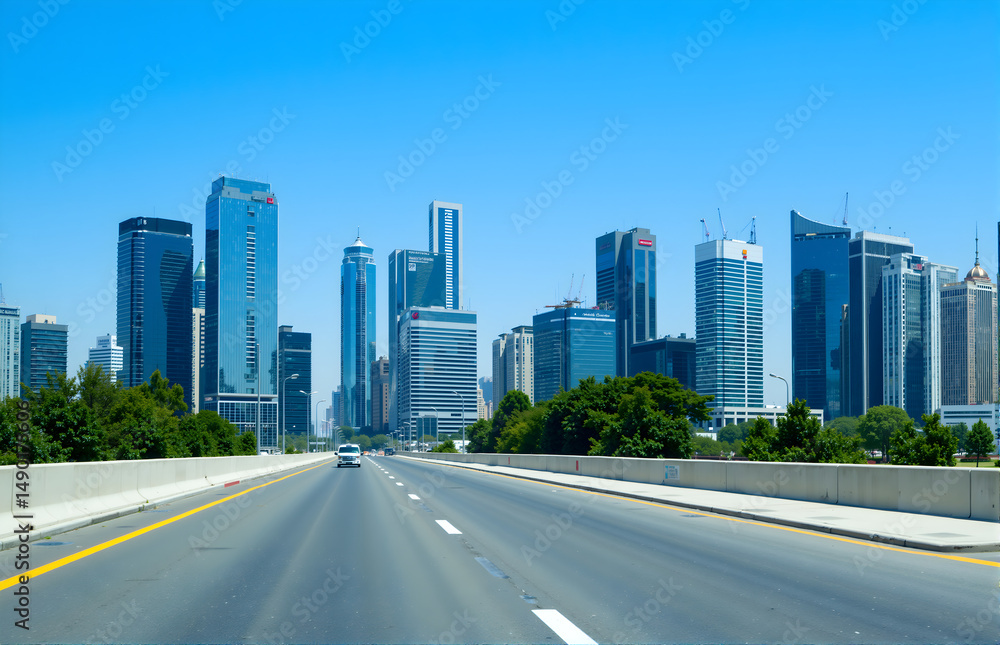 Modern City Skyline along a Highway Modern City Skyline along a Highway