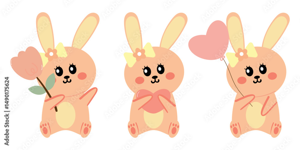 Obraz premium Hand drawing cartoon bunny with cute bunny holding balloons, pink hearts and tulips sticker set. cute animal drawing, doodle set