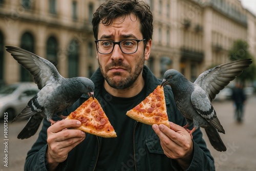 Confused man shares pizza with pigeons on city street