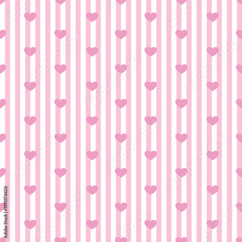 Seamless vector seamless pink pattern with vertial stripes and small hearts. Geometric striped repeating gingham texture.