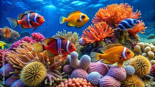 Vibrant Reef Inhabitants A Colorful Underwater Scene Showcasing Diverse Marine Life Among Lush Coral Formations and Anemones