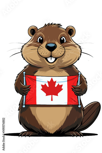 Cute Cartoon Beaver Holding Canadian Flag