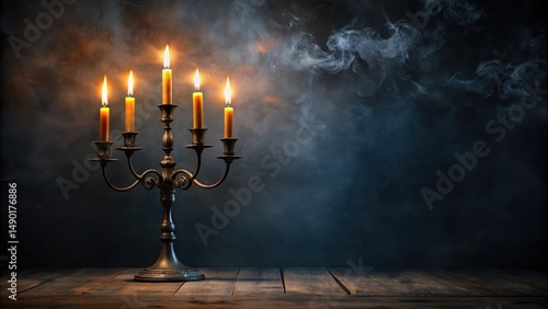 Moody atmosphere with a dark and dramatic black paper background featuring a lone candelabra with flickering flames