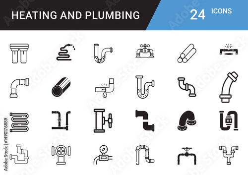 Heating and Plumbing Icons editable vector set  Boiler, Radiator, Pipe, Faucet, Thermostat, Wrench, Leak Repair, HVAC, Water Heater, Tap, Sink, Valve, Insulation