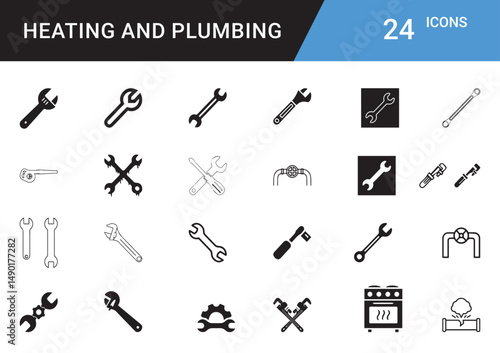 Heating and Plumbing Icons editable vector set  Boiler, Radiator, Pipe, Faucet, Thermostat, Wrench, Leak Repair, HVAC, Water Heater, Tap, Sink, Valve, Insulation