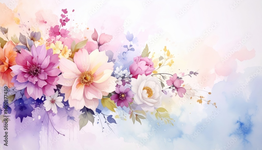 Obraz premium Floral Watercolor: A delicate arrangement of pink, purple, yellow, and white flowers with soft green foliage, rendered in a flowing watercolor style on a light background.