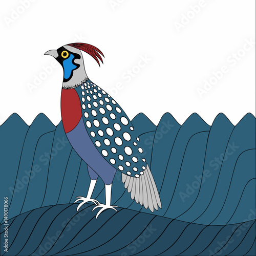 Western Tragopan, rare pheasant with vibrant plumage, detailed vector artwork perfect for wildlife and nature design projects.