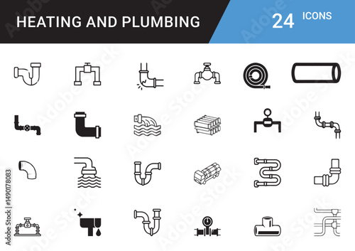 Heating and Plumbing Icons editable vector set  Boiler, Radiator, Pipe, Faucet, Thermostat, Wrench, Leak Repair, HVAC, Water Heater, Tap, Sink, Valve, Insulation