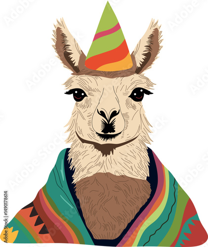 Llama wearing party hat and colourful poncho