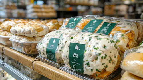 Artisanal bread selection on display shelves, freshness in bakery setting