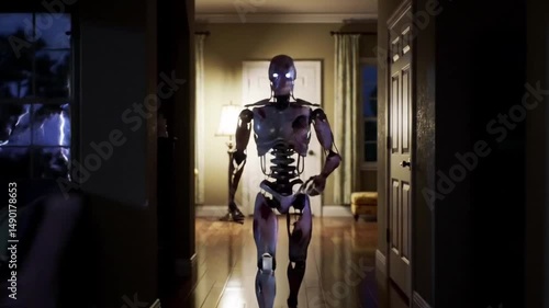 Scary robot in a damaged hallway, suitable for scifi, technology, and horrorthemed designs, digital art, and website backgrounds.