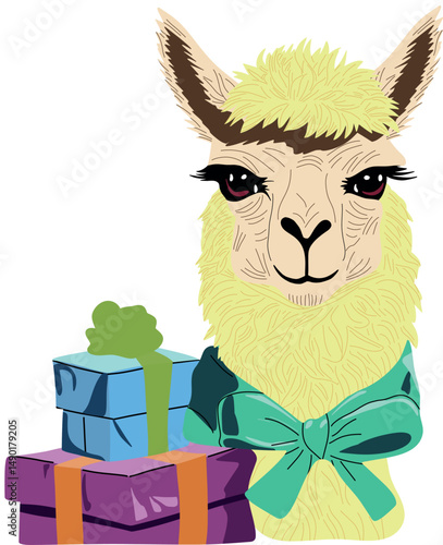 Birthday alpaca delivering presents with a ribbon on its neck 