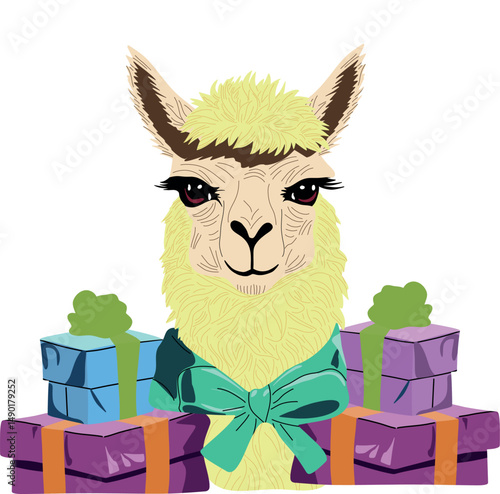 Birthday alpaca delivering presents with a ribbon on its neck