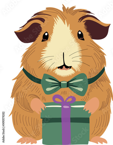 Guinea pig in a bow tie with present box