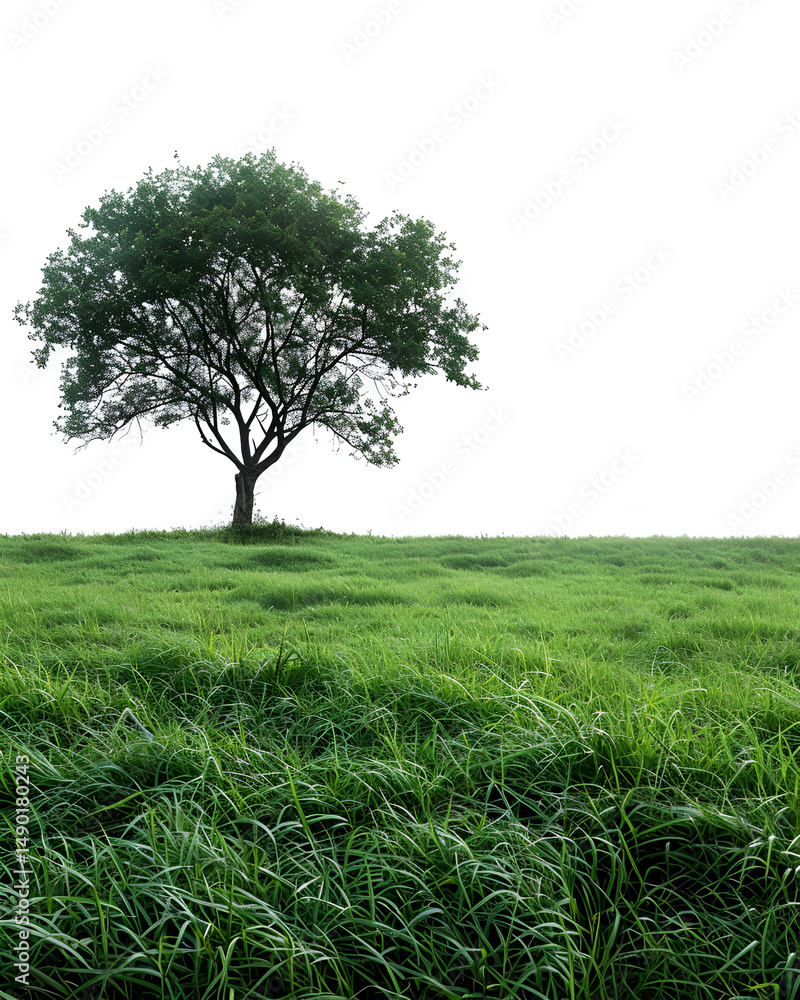 Obraz premium Lone Tree in Green Grass Field Nature Scenery