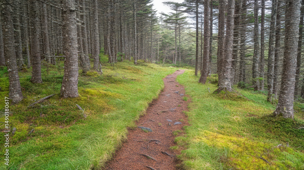 Fototapeta premium Wild Woodland Path in Morning Haze with Hidden Trail Surrounded by Lush Greenery