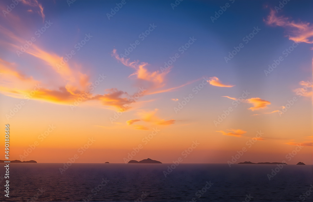 Naklejka premium Beautiful Sunset over the Ocean with Islands Silhouette