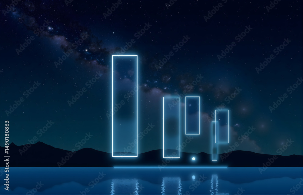 Fototapeta premium Neon - Framed Night Landscape with Galaxy