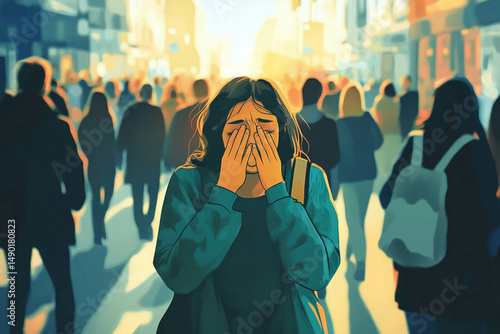 A woman experiencing a panic attack in a busy city street, surrounded by a crowd yet feeling isolated and overwhelmed. Generated image 