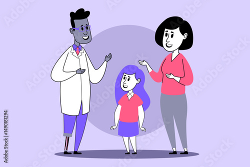 Healthcare professional talking with child and her parent in friendly manner. Open communication about health concept