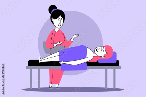 Practitioner in traditional attire explaining treatment to relaxed patient lying on table. Concept of calming healthcare environment focused on wellness