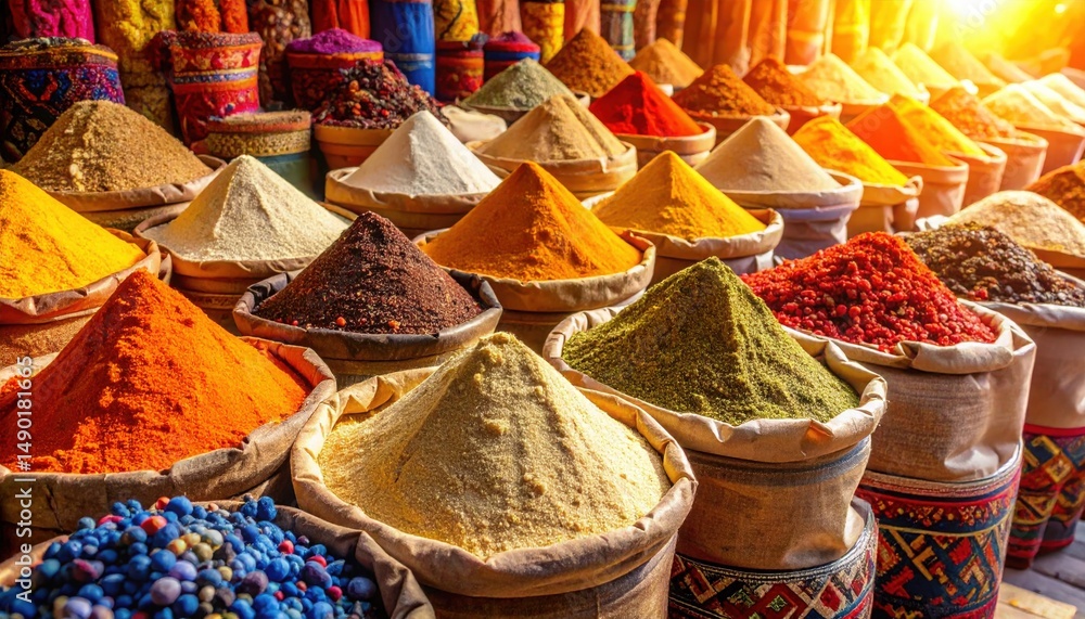 Fototapeta premium Spice Market of Colors and Flavors: A vibrant tapestry of textures and hues unfolds in a bustling spice market. The scene is a feast for the senses, with mountains of aromatic spices.