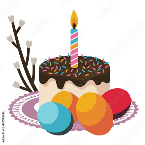 Traditional Easter cake with eggs isolated vector illustration on white background
