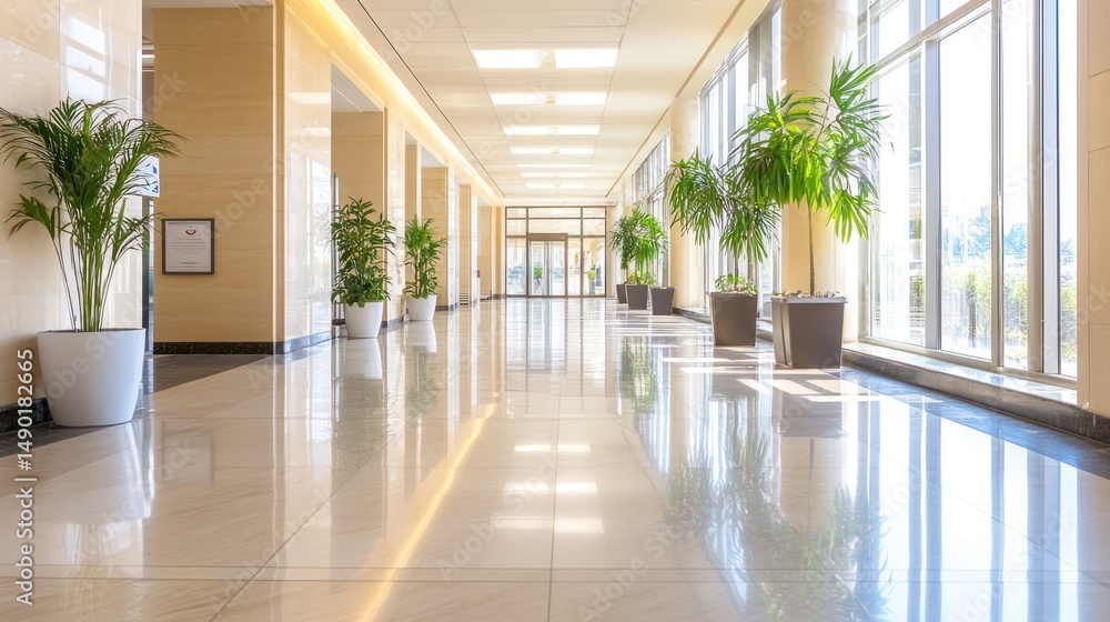 Modern office hallway with plants, sunlight, and reflective floor; ideal for corporate websites Modern office hallway with plants, sunlight, and reflective floor; ideal for corporate websites