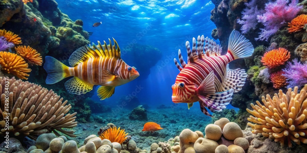 Fototapeta premium Vibrant Reef Scene Featuring Two Striking Lionfish Amidst a Lush Coral Garden