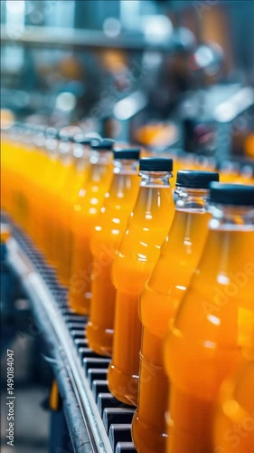 Bottles of orange juice on a conveyor belt. The bottles are lined up and are all the same size