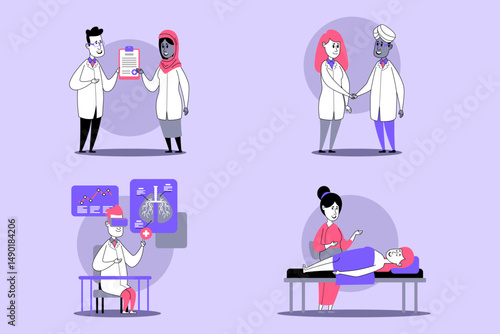 Healthcare professionals engaged in various activities, including consultations and medical examinations. Teamwork and care concept