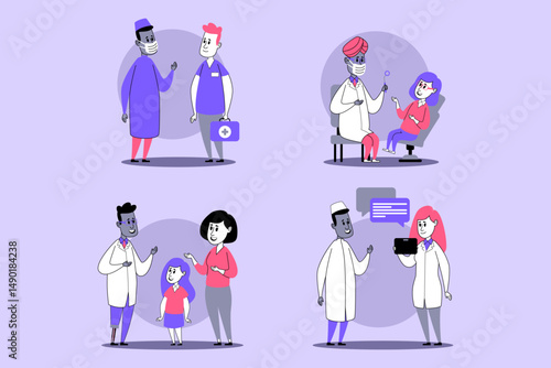 Diverse healthcare providers engaged with patients and their families, offering care, consultations, and guidance in variety of scenarios within clinical environment