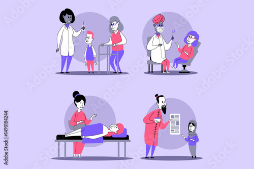 Healthcare workers engaged with patients of various ages and backgrounds. Doctor conducting check-up, while nurse providing care to child and adult