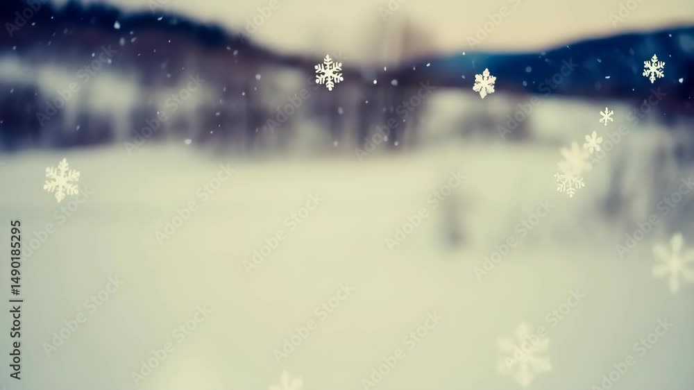 Falling snowflakes softly drifting across a blurred, wintry landscape with snow covered ground Falling snowflakes softly drifting across a blurred, wintry landscape with snow covered ground