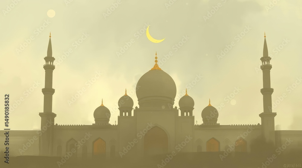 Obraz premium Artistic rendering portrays a grand mosque beneath a soft, crescent moon in hazy, neutral tones.